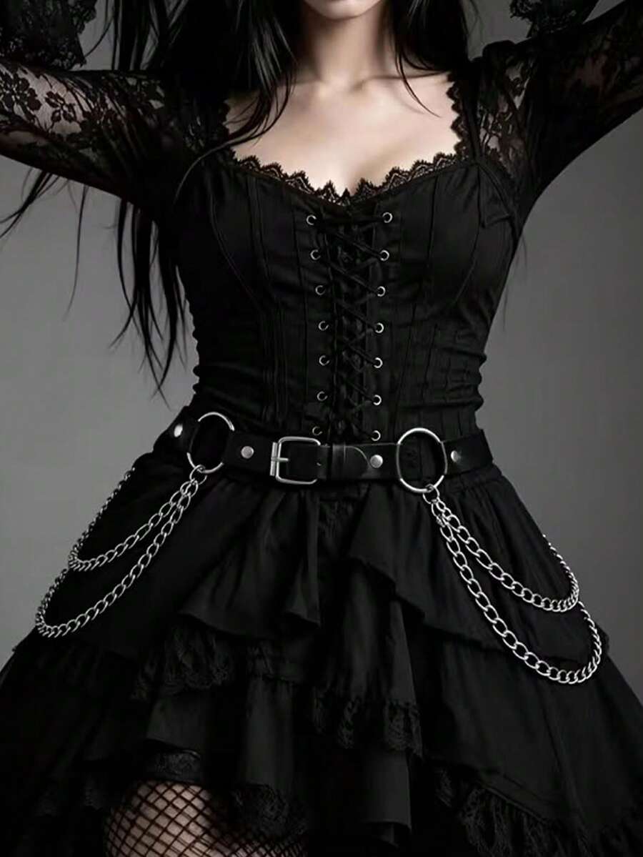 1pc Women's Dark Gothic Style Chain Metal Large Round Double Layer ...