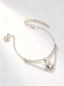 1 Pc Silvery Double Layer Chain Bracelet With Heart Charm, Minimalist Dainty Stackable Wrist Bracelet For Women Daily Fashion Jewelry - Silver - View 4