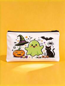 1pc Halloween Ghost Pumpkin Print Canvas Pencil Case, Halloween Element Printed Zipper Storage Bag, Black Cat Bat Pattern, Zippered Large Capacity Storage Bag, Student Stationery Makeup Dual-Use Bag - Multicolor - View 9