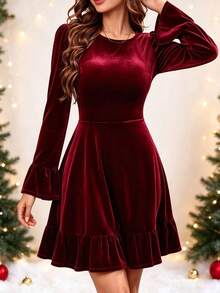 Elegant Women's Burgundy Velvet Short Dress, Ruffle Hem, Long Sleeve, Round Neck A-Line Silhouette, Perfect For Formal Occasions In Autumn/Winter - Red - View 1