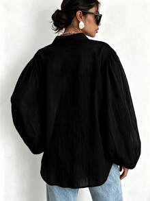 Women's Lightweight Semi-Sheer Black Puff Sleeve Collared Pocket Loose Casual Shirt, Autumn Back To School Daily Home Wear - Black - View 5