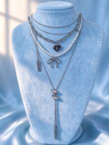 3pcs Bowknot Necklace, Heart Chain Necklace, Geometric Tassel Long Necklace, Fashion Elegant Style. - Silver - View 2