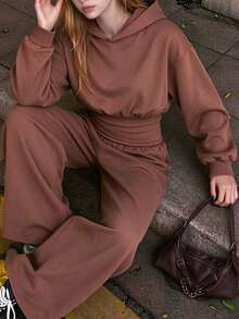 Lurzo Autumn/Winter 2 Pieces Set For Teen GirlBrown Hoodie And Wide Leg Pants, Ribbed Patchwork Casual Sportswear, Y2K, Daily Outdoor/Back To School/Holiday - Brown - View 3
