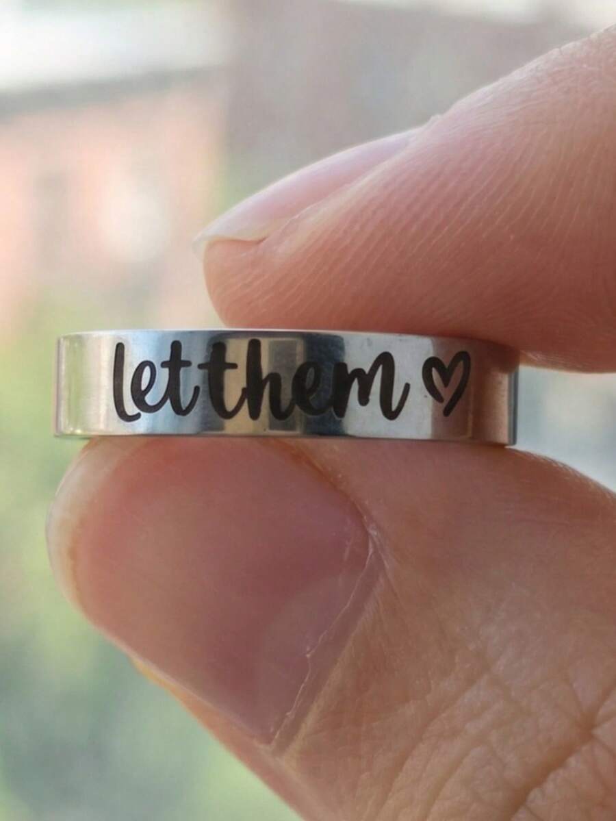 1Pc Silver "Let Them" Engraved Thin Band Men's Ring, Inspirational Quote Heart Stackable Ring, Minimalist Daily Wear Motivational Jewelry Gift. - Silver - View 1