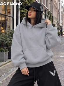 GEMCHO Women's Light Gray Loose Fit Pullover Sweatshirt, Long Sleeve Drop Shoulder Style With Kangaroo Pocket And Ribbed Hem, Suitable For Campus, Commute And Travel - Light Grey - View 5