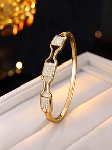 1pc Exquisite Geometric Hollow Chain Design Bracelet, Fully Inlaid With Cubic Zirconia Square Elements, High-End Accessory For Commute And Party - Bracelet - View 2