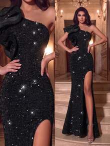 Black Sequin Women's One-Shoulder Ruffle Sleeve Mermaid High Slit Long Evening Gown Party Dress - Black - View 1