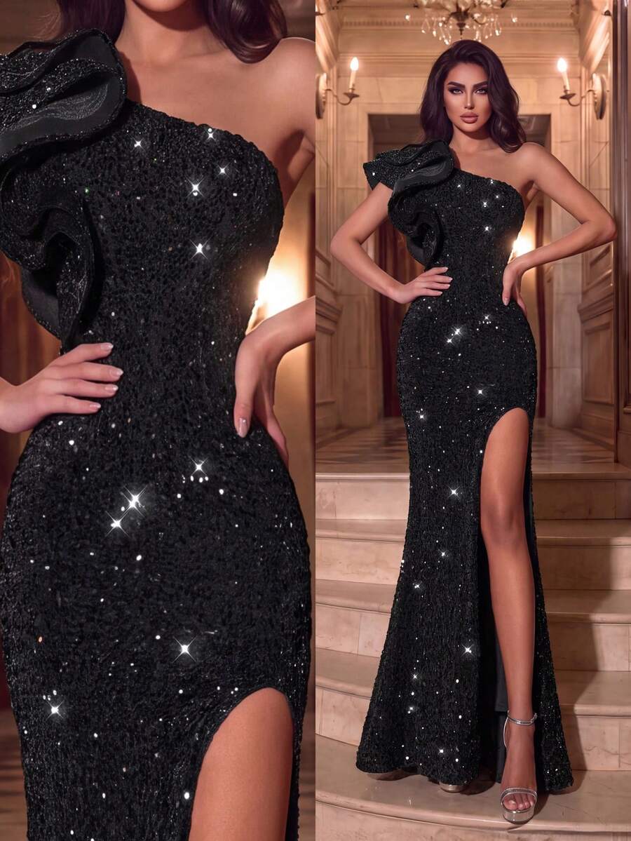Black Sequin Women's One-Shoulder Ruffle Sleeve Mermaid High Slit Long Evening Gown Party Dress - Black - View 1