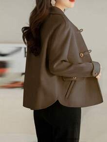 Plus Size Women's Retro Lapel Single-Breasted High-Quality Short Jacket, Casual Loose Long Sleeve Vintage Chic Shirt, Autumn Plus Size Wool Coat Fall - Coffee Brown - View 3