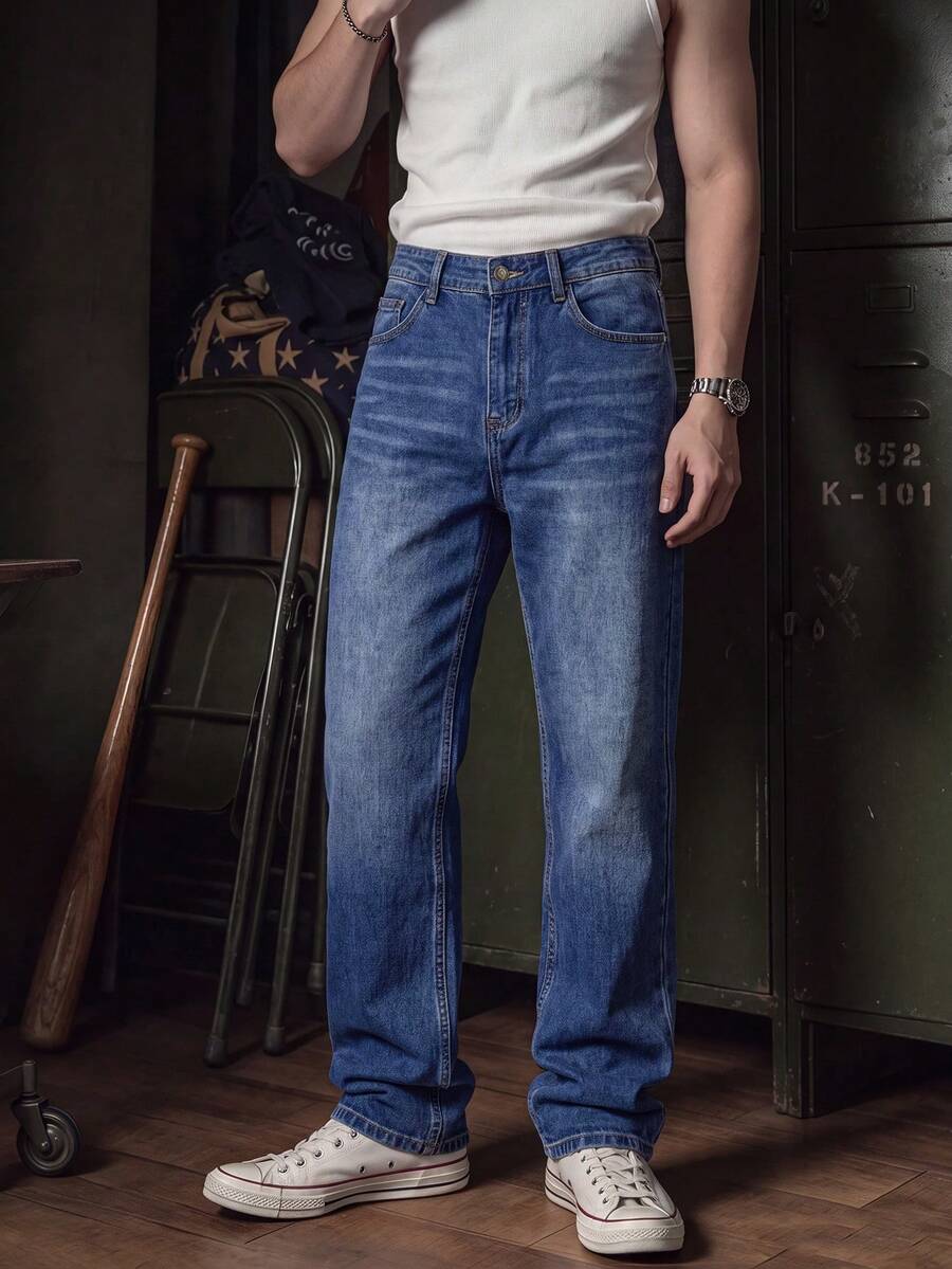 Men's Casual Commute Jeans, Classic Vintage Washed Blue, Versatile Casual, Stretch Comfortable Denim Pants - Blue - View 1