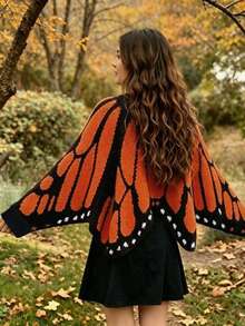 Áo cardigan len dệt kim nữ tay dài, thiết kế cánh bướm phối màu tương phản, vạt mở, thời trang thường ngày, mùa thu/đông - Nhiều màu - Xem 2