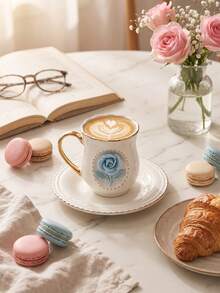 DearDali 1 Set 90ML French Gold Rim Porcelain Coffee Cup & Saucer Set, 3D Rose Gold-Painted Design, Suitable As Arabic Coffee Cup And Espresso Cup, Perfect For Ramadan Hospitality And Eid, Fun Gift For Friends - Multicolor - View 3