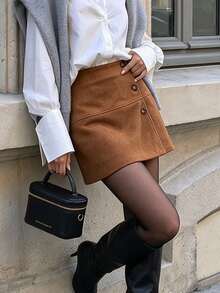 DONICY Women's Vintage Brown Knit Skirt, Decorated With Buttons, A-Line Mini Skirt Style, Suitable For Autumn - Burnt Orange - View 9