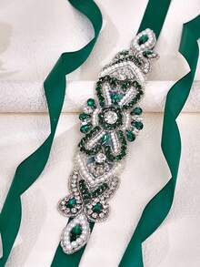 1pc New Design Bridal Waist Belt, Green Rhinestone Wedding Dress Waist Chain, Stage Dress Decorative Belt, Bridesmaid Wedding Accessory - Green Ribbon - View 7