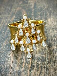 1pc Christmas Pearl Water Drop Rhinestone Christmas Tree Luxury Metal Gold Wide Band Women's Ring, Suitable For Christmas Party Accessory - Gold - View 2