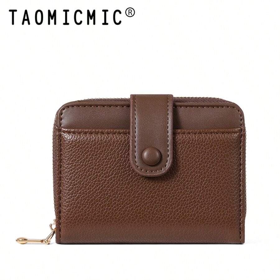 Women's PU Textured Short Clutch Wallet, Snap Button Double Fold Zipper Wallet, Multiple Card Slots & Cash Compartment