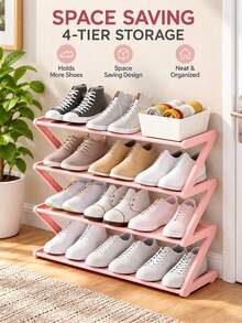 1pc Pink 4-Tier Shoe Rack, Large Capacity Multi-Layer Storage Rack, Space-Saving Design, Fashionable Open Storage Shelf, Suitable For Sneakers, High Heels, Slippers And Daily Footwear, Home Storage Solution For Modern Entryway, Closet, Bedroom, Dorm, Apartment, Easy Access Shoe Rack, Suitable For Spring Cleaning, Holiday Home Decor, Halloween, Christmas Gift Storage - Multicolor - View 7