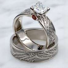 Vintage Tree Branch Carved Ring Set, Elegant Couple Wedding Band Pair - Silver - View 2