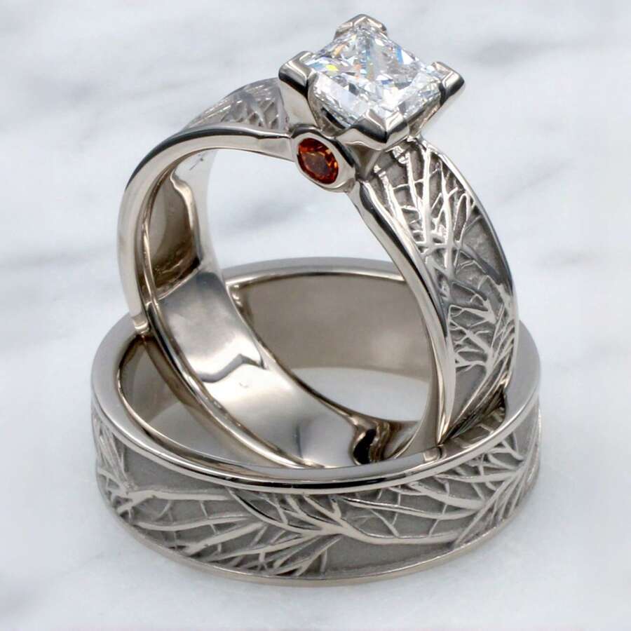 Vintage Tree Branch Carved Ring Set, Elegant Couple Wedding Band Pair