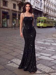 Elegant Spaghetti Strap Sequin Mermaid Evening Gown, Ruched Slim Fit Cut, Flattering Silhouette, Suitable For Formal Dinners And Red Carpet Events - Black - View 4