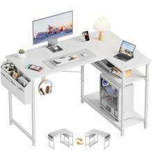 110 BüRo-Computertisch Mit 1 GroßEr Aufbewahrungstasche Und 2 Verstellbaren Regalen, Platzsparender Eckschreibtisch FüR Zuhause, Home Office Und BüRo, Mit KopfhöRerhaken, FüR Kleine RäUme, Remote-Mitarbeiter Und Arbeitszimmer - Weiss - Übersicht 1