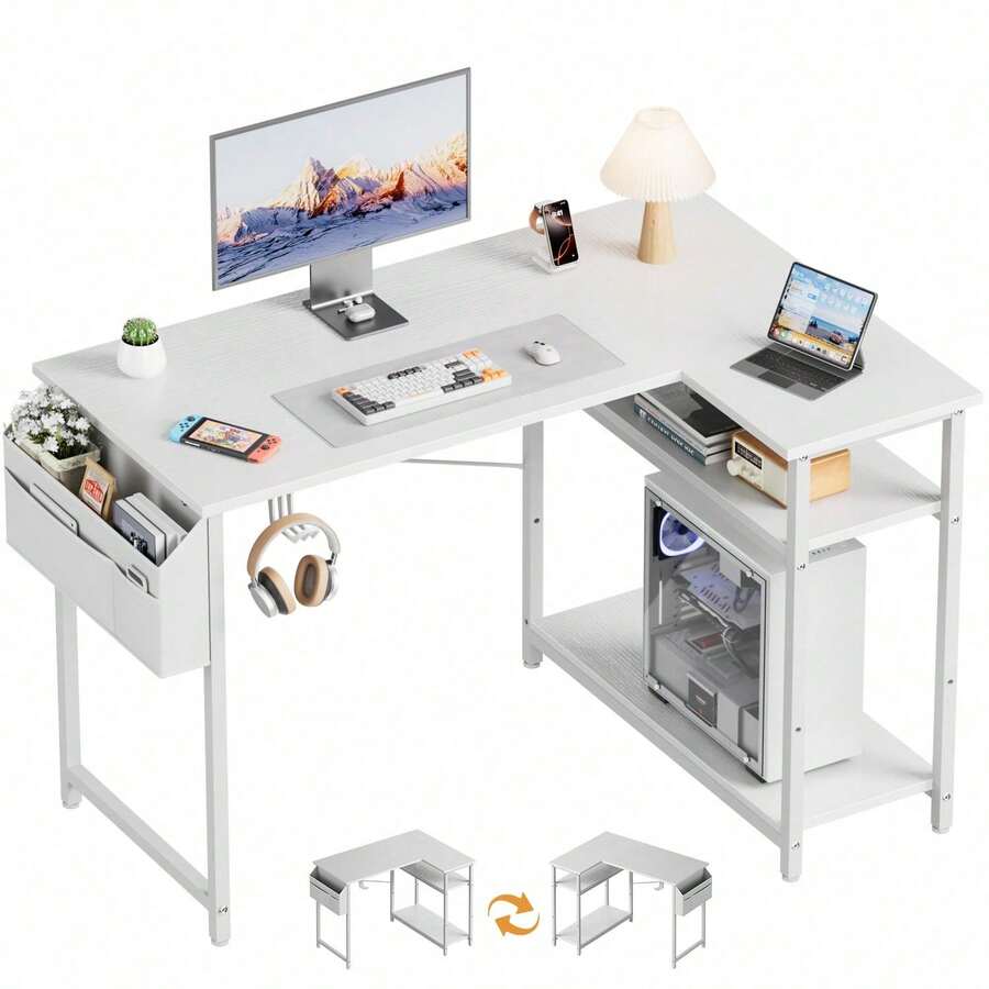 110 BüRo-Computertisch Mit 1 GroßEr Aufbewahrungstasche Und 2 Verstellbaren Regalen, Platzsparender Eckschreibtisch FüR Zuhause, Home Office Und BüRo, Mit KopfhöRerhaken, FüR Kleine RäUme, Remote-Mitarbeiter Und Arbeitszimmer - Weiss - Übersicht 1
