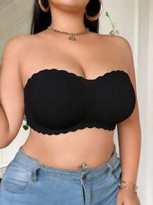Women's Plus Size Strapless Wireless Bra, Wavy Edge Non-Slip Support Bandeau Bra, Smooth Molded Cups, Suitable For Off-Shoulder Tops And Dresses - Black - View 2