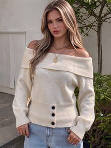 Korean Style Autumn/Winter Off-Shoulder Sweater Women Niche French Design Soft Knit Pullover Top - Apricot - View 4
