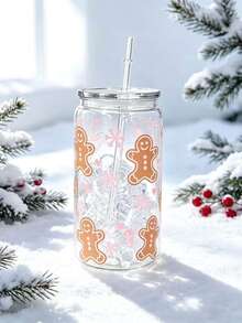 16oz Clear Cup With Christmas Theme Design, Featuring Snowflake, Gingerbread And Christmas Tree Patterns. Full Of Holiday Spirit, It Comes With Lid And Straw, Very Practical And Reusable, Perfect For Holiday Gatherings. - Multicolor - View 10