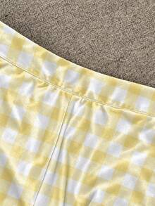 Women's Yellow & White Plaid Print Wide Leg Pants, High Waist Flowy Loose Fit With Pockets - Multicolor - View 4