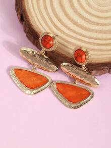 Vintage Orange Pattern Three-Layer Geometric Pendant Earrings, Hammered Metal Exotic Style Long Earrings - Orange - View 3