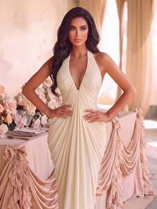 Romantic Sleeveless Halter Neck Mesh Fabric Maxi Dress With Draping And Pleated Details, Suitable For Special Occasions - Light Yellow - View 3