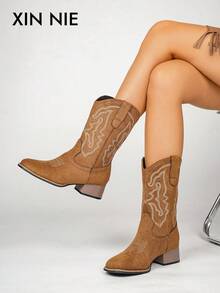 Fall/Winter Women's 2025 Spring/Autumn New Outdoor Fashion Embroidery Patchwork Slip-On Ankle Boots Western Ankle Boots, Boots For Women, Cowboy Boots - Brown - View 2