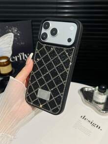 1pc Black Diamond Pattern Rhinestone Design Full Coverage Skin-Feel Spray Painted Anti-Drop 2-In-1 Phone Case Compatible With Iphone 18 Pro Max - Black - View 5