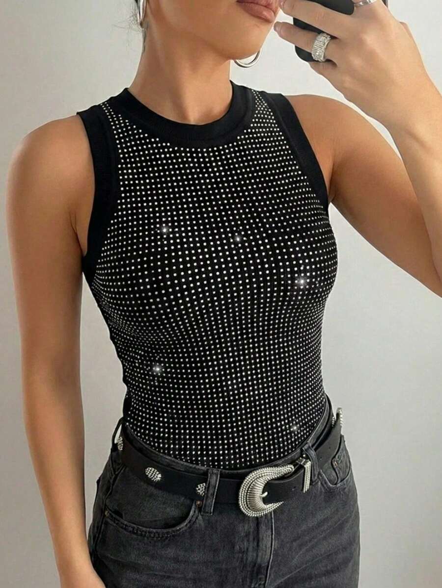 ChicMe Women's Rhinestone Decor O-Neck Sleeveless Ribbed Knit Tank Top, Shiny Basic Casual Camisole - Black - View 1