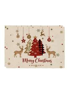 2Pcs Xmas Table Placemats Vintage Farmhouse Christmas Tree Elk Print Heat Resistant Table Mats Christmas Party Tabletop Decoration - Apricot - View 11