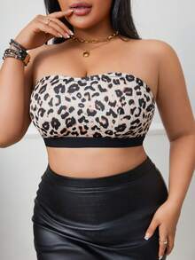 3pcs Plus Size Leopard Print Non-Slip Strapless Bandeau Bra Side Closure Wire-Free Anti-Slip Bustier Valentine's Day Gift - Khaki - View 4