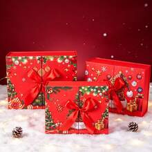 Foldable Christmas Gift Box, Ships Flat, Red Bow Lid & Base Empty Box, Christmas Eve Chocolate Packaging Box, Holiday Souvenir Gift Box - Multicolor - View 2