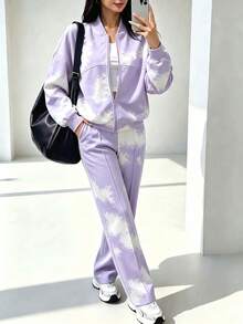 Spring Autumn Winter Fashion New Colorblock Minimalist Sweatshirt Jacket Top With Pockets Straight Leg Pants 2 Pieces Set, Slim Fit Flattering, Daily Commute, Autumn Fashion Outfit Inspiration, Suitable For Sports, Daily, Street, Airport, Travel, Vacation And More - Light Purple - View 1