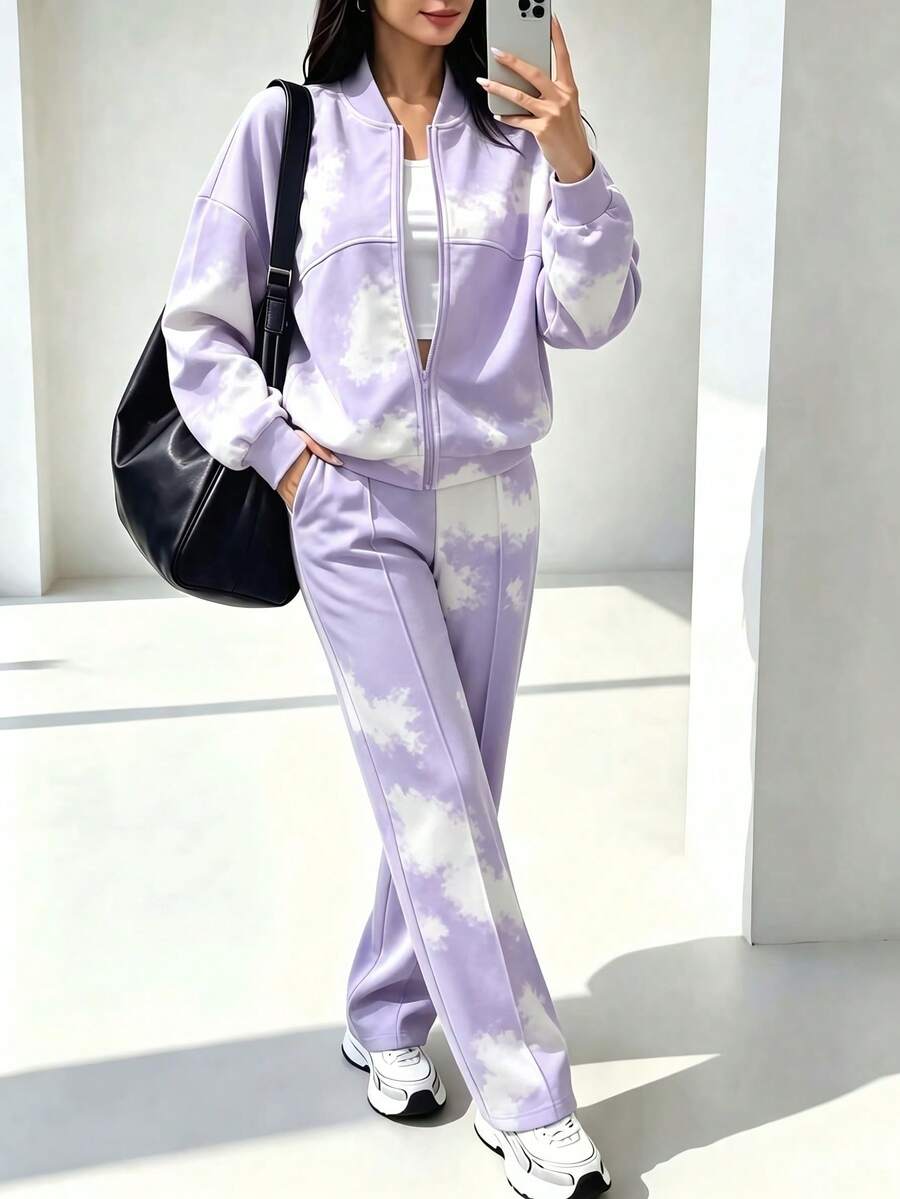 Spring Autumn Winter Fashion New Colorblock Minimalist Sweatshirt Jacket Top With Pockets Straight Leg Pants 2 Pieces Set, Slim Fit Flattering, Daily Commute, Autumn Fashion Outfit Inspiration, Suitable For Sports, Daily, Street, Airport, Travel, Vacation And More - Light Purple - View 1