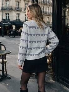 Nicenter Áo len dệt kim nữ cổ tròn tay raglan dài họa tiết sọc hình học màu xám phong cách vintage mùa thu, pha len, phù hợp mặc mùa đông và đi chơi - Nhiều màu - Xem 2