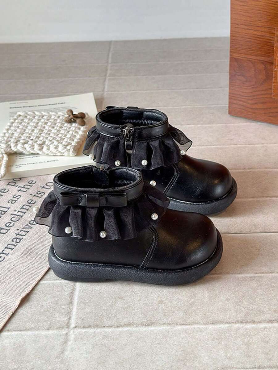 Girls' Ankle Boots Autumn/Winter Thermal Lined Princess Boots Mesh Lace Leather Boots Soft Sole Boots Stylish - Black - View 1