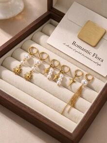 2 Pcs 304 Stainless Steel Boho Sun Star Faux Pearl Tassel Dangle Earrings Celestial Charm Ear Jewelry Waterproof Non Tarnish Fall Style - Earring - View 5