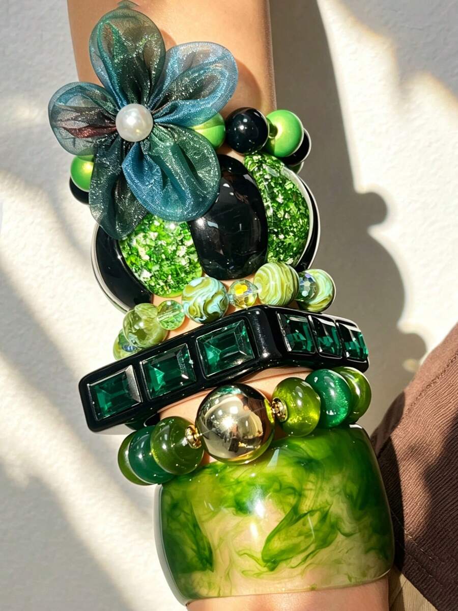女款重工鉚釘裝飾樹脂寬手鐲,復古琥珀漸層花卉圖案,誇張個性街頭風手環 - 多色C - 查看 1