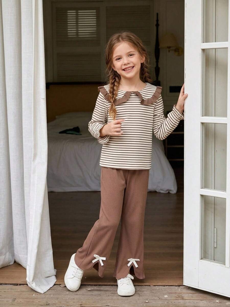 2pcs/Set Young Girls Casual Minimalist Style Large Lapel Long Sleeve Striped Top & Solid Color Flared Pants Set, Spring/Autumn - Chocolate Brown - View 1