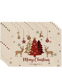 2Pcs Xmas Table Placemats Vintage Farmhouse Christmas Tree Elk Print Heat Resistant Table Mats Christmas Party Tabletop Decoration - Apricot - View 13