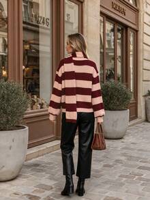 NiceArt Women's Autumn Vintage Burgundy V-Neck Striped Contrast Color Knit Cardigan With Matching Scarf, Suitable For Winter Wear, Christmas, Dating - Multicolor - View 2