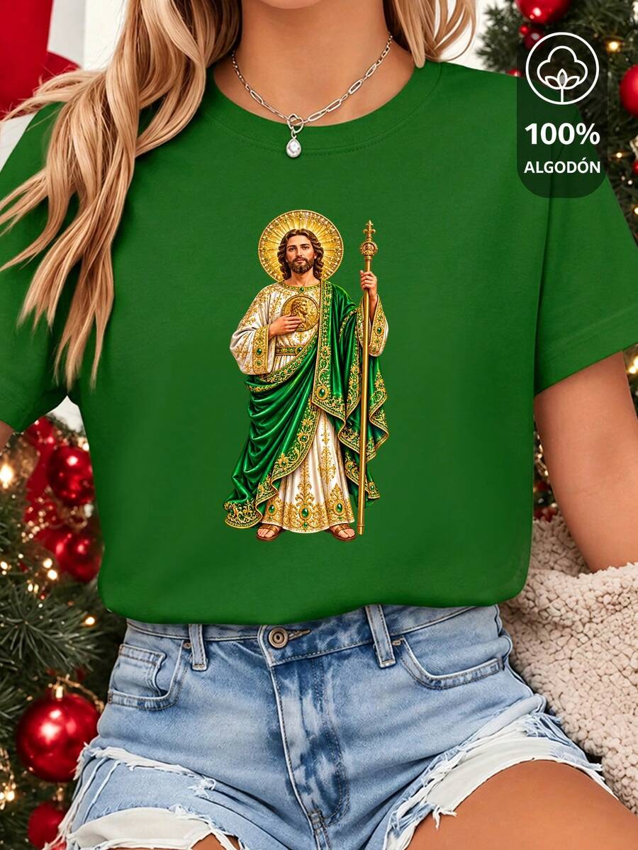 Camiseta de Dama 100% Algodón Manga Corta Cuello Redondo con Estampado de Navidad con diseño de santo con halo dorado, diciembre, festividades, fiestas decembrinas - Verde - Ver 1