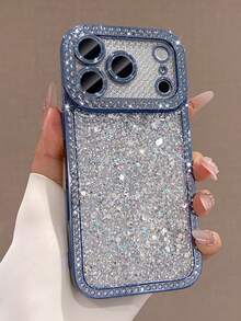 Luxury Blingbling Shiny Rhinestone Border Lens Protective Hard Phone Case Compatible With IPhone18 Pro Max 17 Pro Max 17 Pro 17 16 15 14 Pro Max 15 16 17 Flash Rhinestone Glitter Sequin Bling Cases Shockproof Back Cover Shell - Blue - View 4