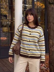 Women's Autumn/Winter Mori Girl Academy Style Knit Color-Block Striped Cropped Cardigan, Long Sleeve Round Neck Button Front, Ribbed Knit Detail, Autumn Fashion Outfit - Coffee Brown - View 2